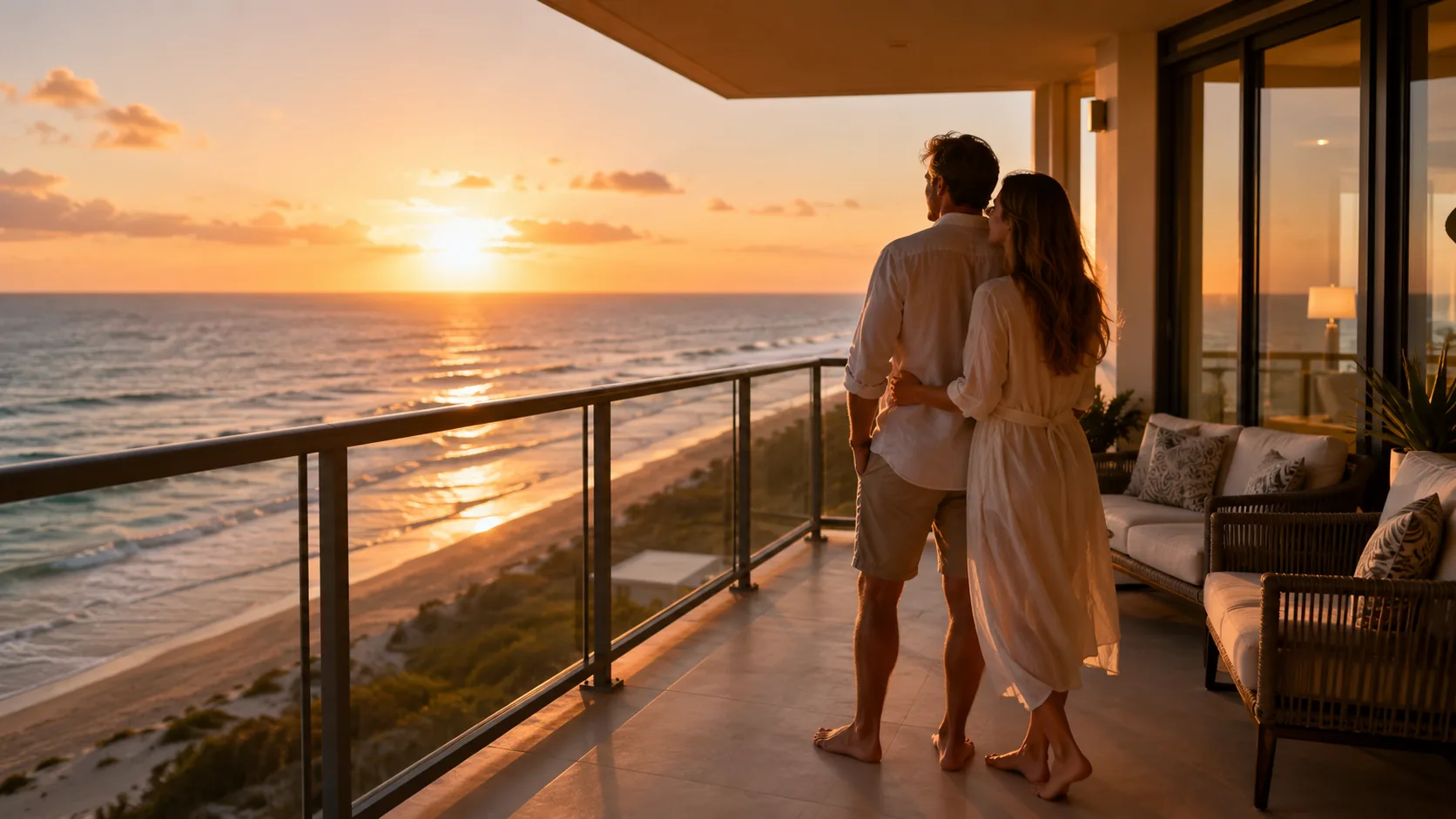 Couple on a Port Aransas balcony at sunset