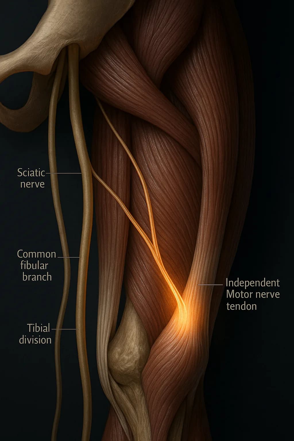 Hamstring tendon anatomy with highlighted motor nerve branch relevant to injury risk and sports performance.
