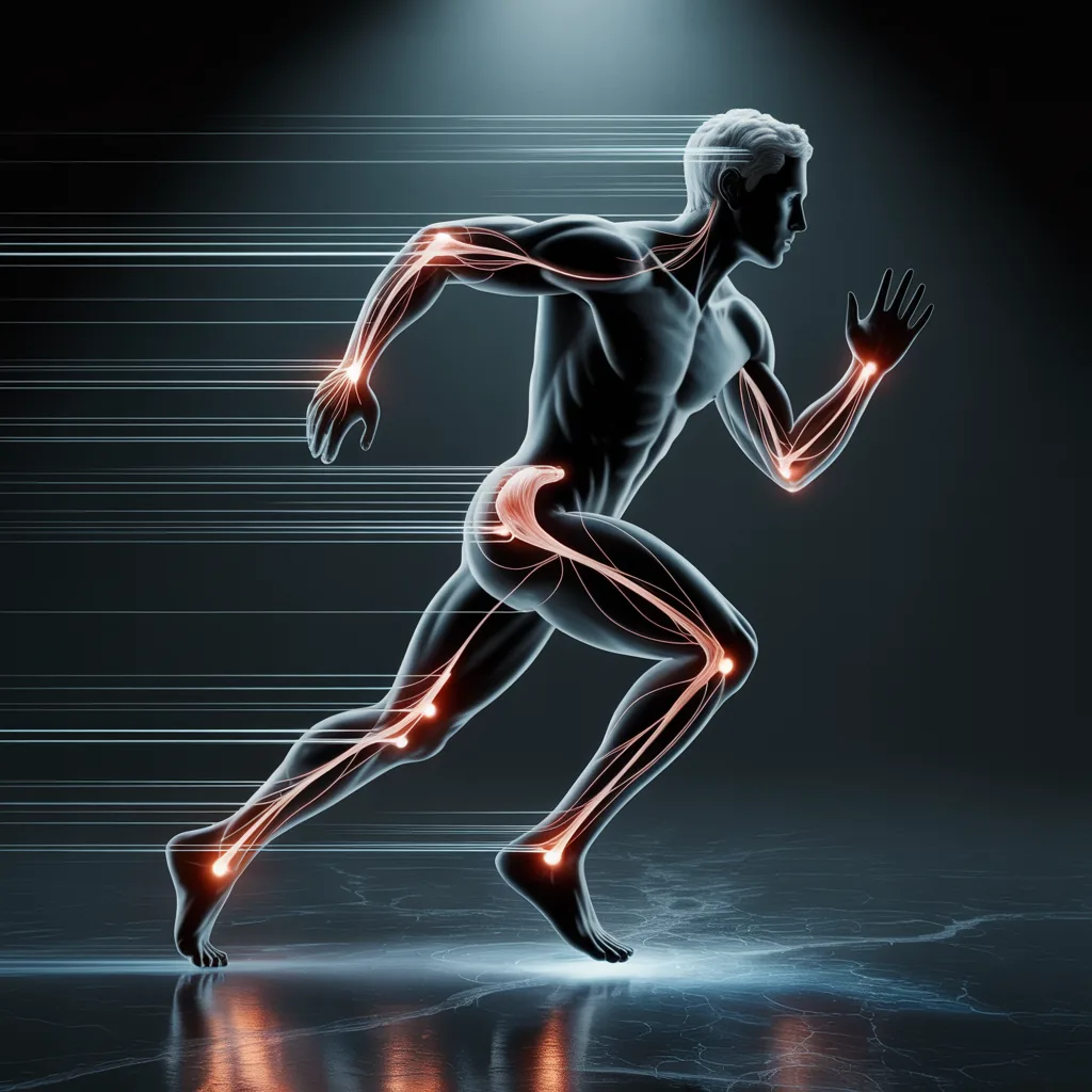 Minimalist illustration of an athlete with highlighted muscle and tendon chains symbolizing neural coordination and force synergy.